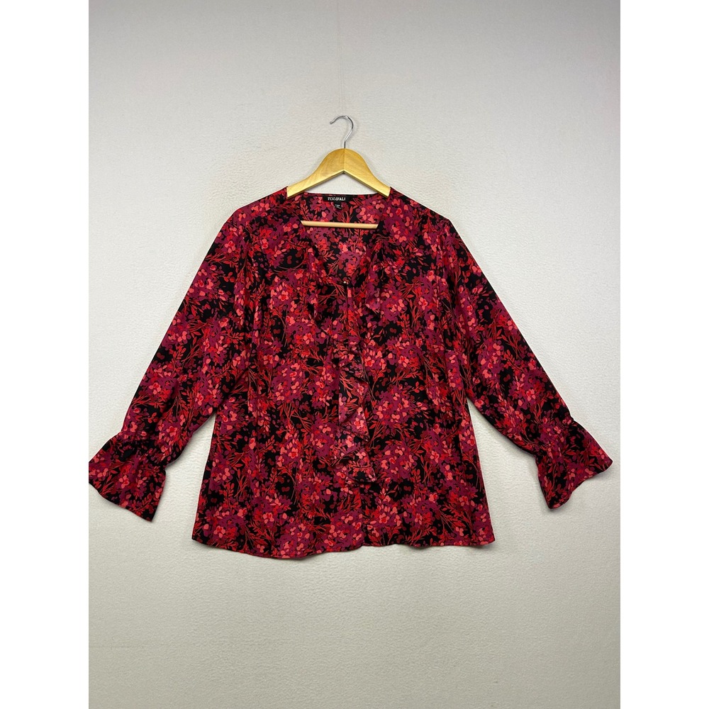 Floral Ruffle Roz & Ali Womens 1X Red Pink Long Sleeve Career Office Blouse Top